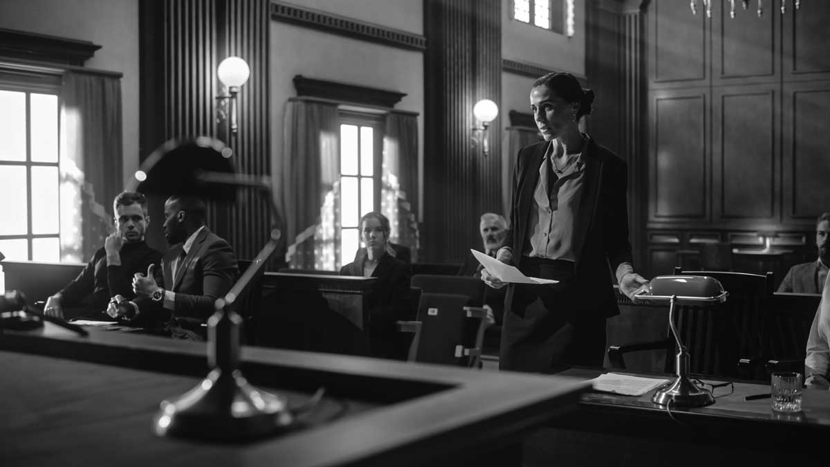 Attorney presenting evidence to a judge and jury in a courtroom