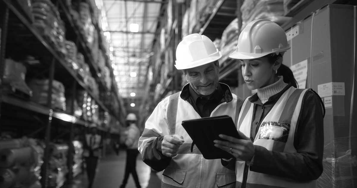 Two workers wearing hard hats and reflective vests discussing safety procedures in an industrial warehouse