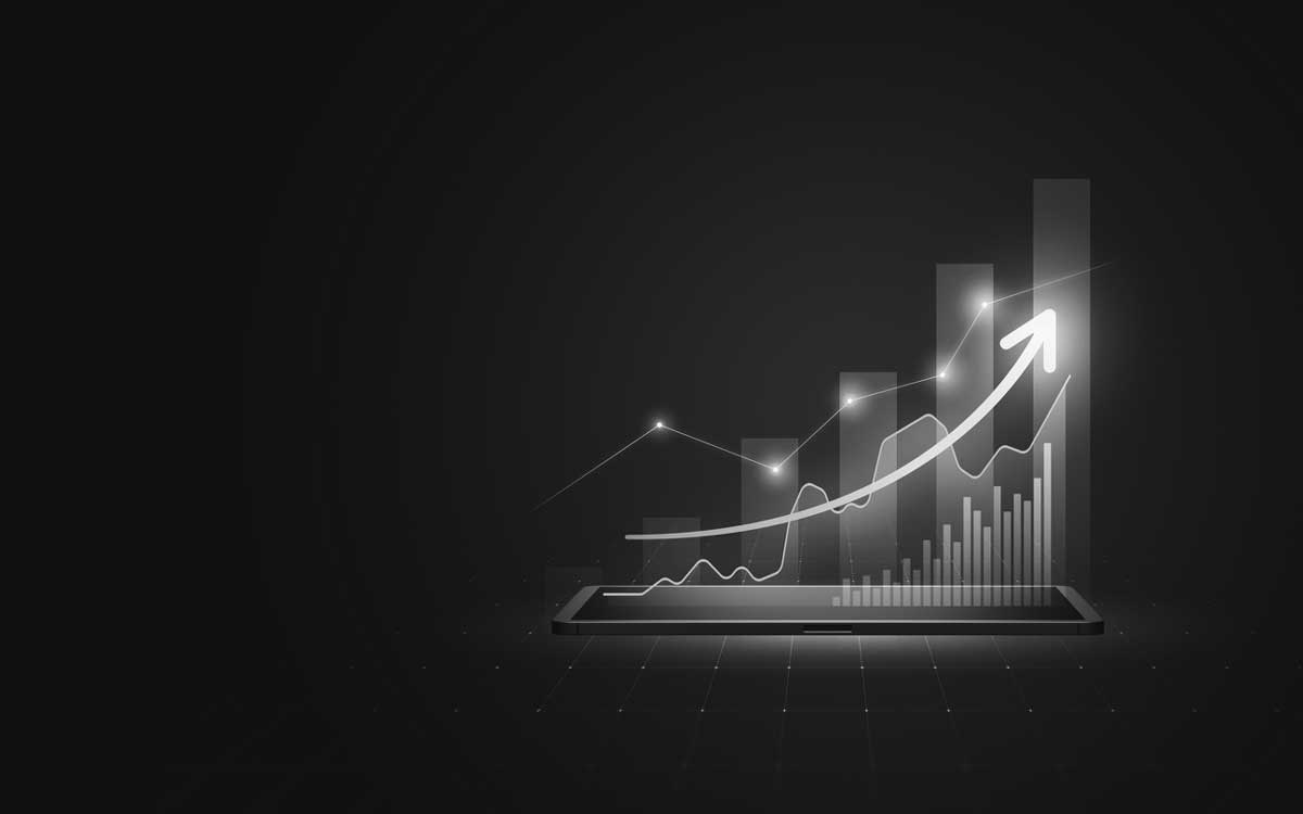 Business 3d tablet virtual growth arrow financial graph on digital technology strategy background