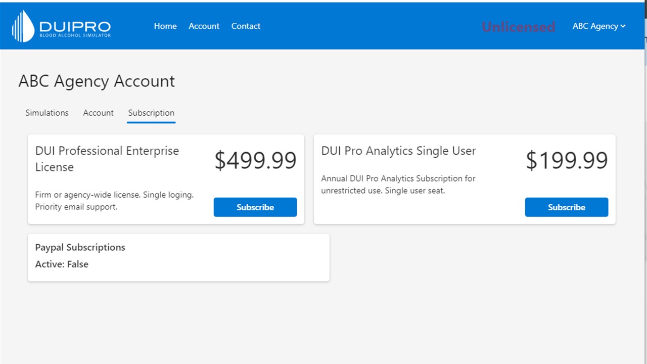DUI Professional subscription options in the registration walkthrough