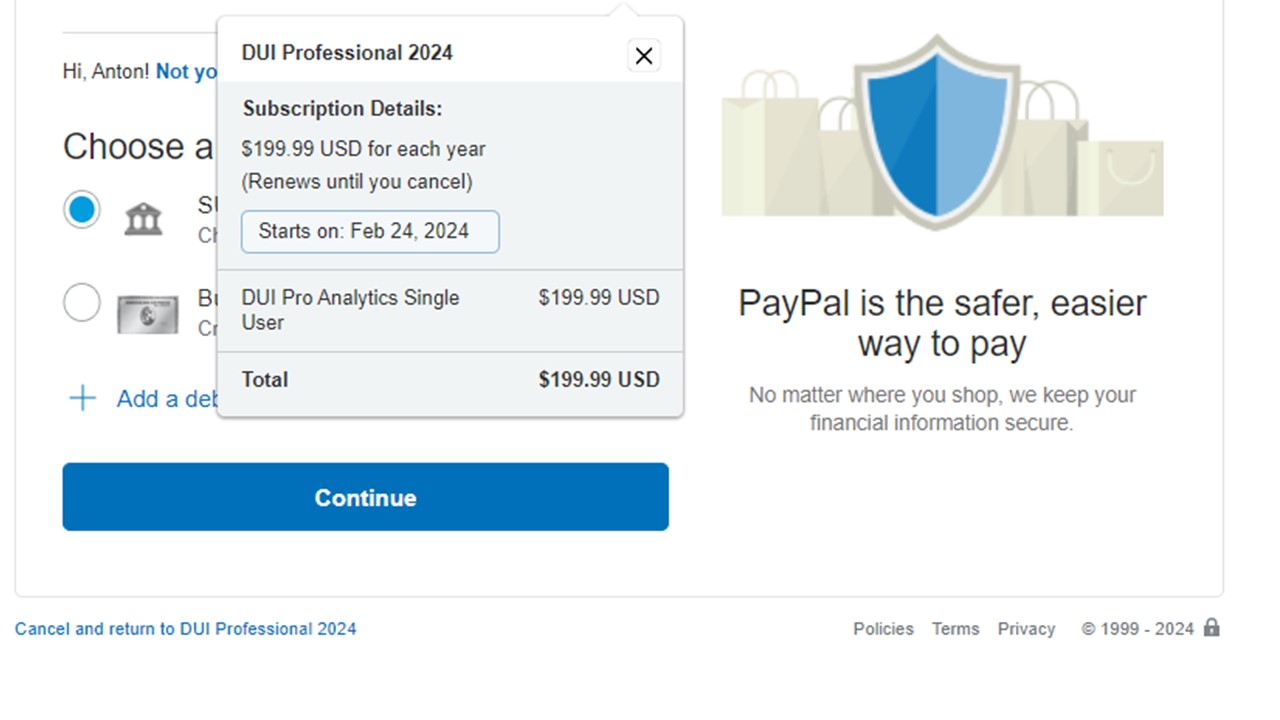 DUI Pro subscriber Paypal interface