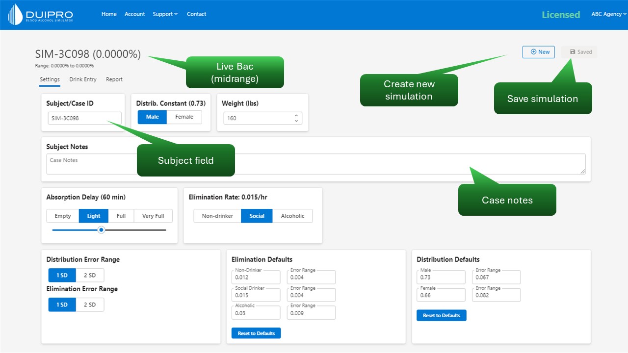 The Settings interface for the DUI Professional BAC simulator