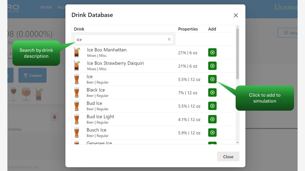 Using the drink database (1,000+ drinks)